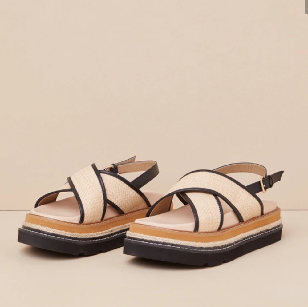 NWT Lemonade Mahdis Natural Raffia Black Woven Slingback Flatform Sandals Sz 10